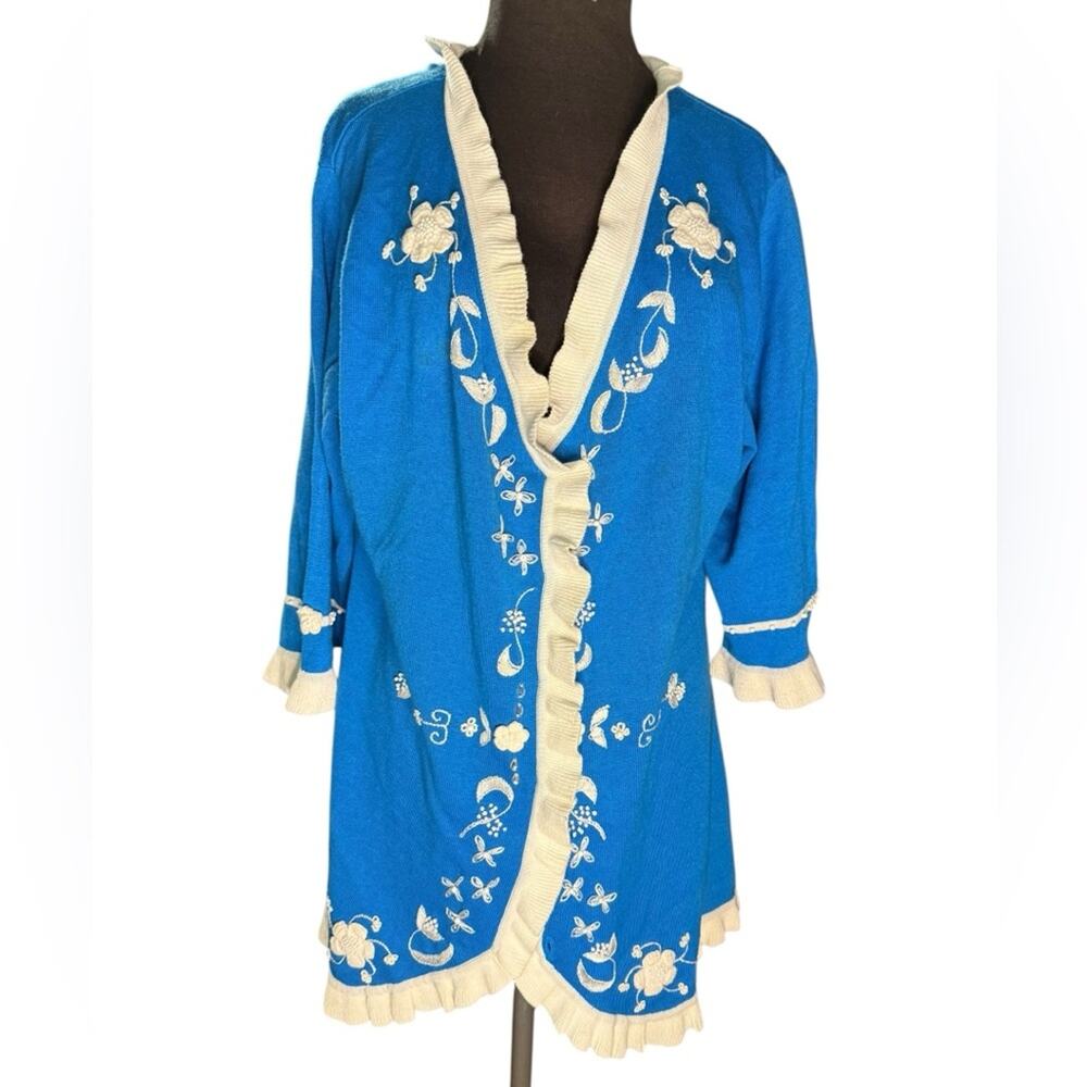 Blue Embroidered Ruffle-Trim Sweater Cardigan